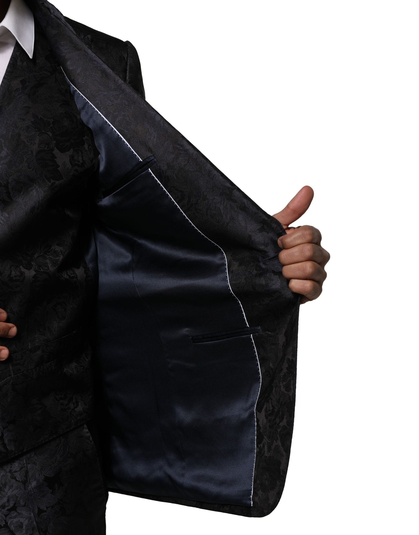 Dolce &amp; Gabbana – Schwarzer, einreihiger Jacquard-Anzug, 3-teilig