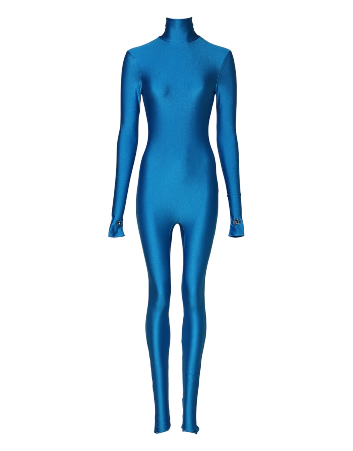 Dolce &amp; Gabbana, blaues, figurbetontes Jumpsuit-Kleid aus Nylon mit Rollkragen