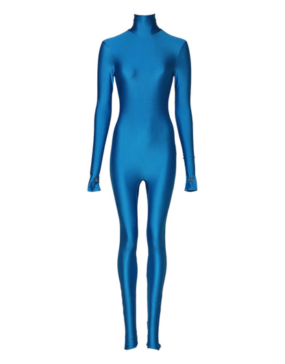 Dolce &amp; Gabbana, blaues, figurbetontes Jumpsuit-Kleid aus Nylon mit Rollkragen