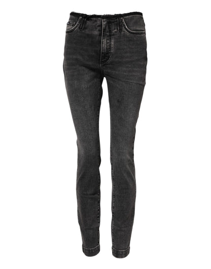 Dolce &amp; Gabbana – Graue Skinny-Jeans aus Baumwoll-Denim mit mittlerer Taille
