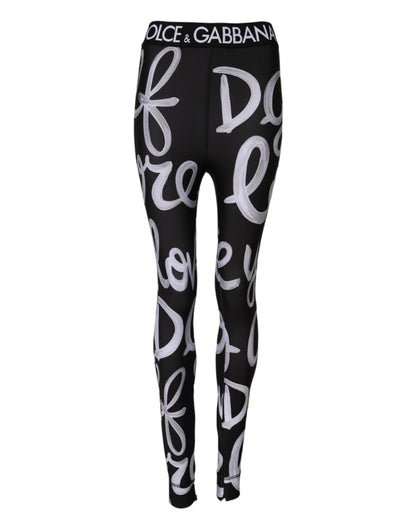 Dolce &amp; Gabbana – Schwarze Hose mit mittelhohem Bund aus Polyester mit Logo-Print