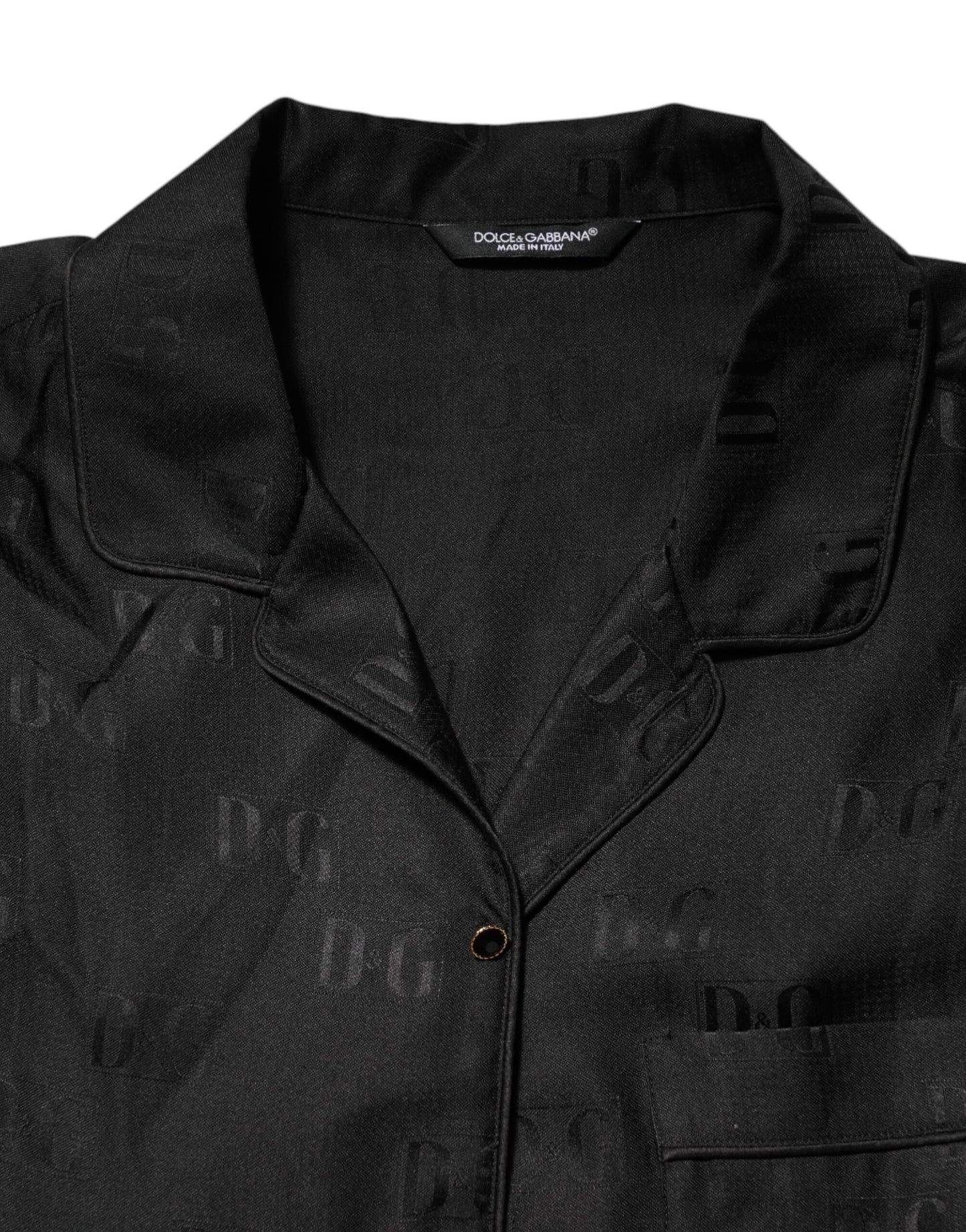 Dolce &amp; Gabbana – Schwarzes Seidenoberteil mit DG-Stickerei und langen Ärmeln