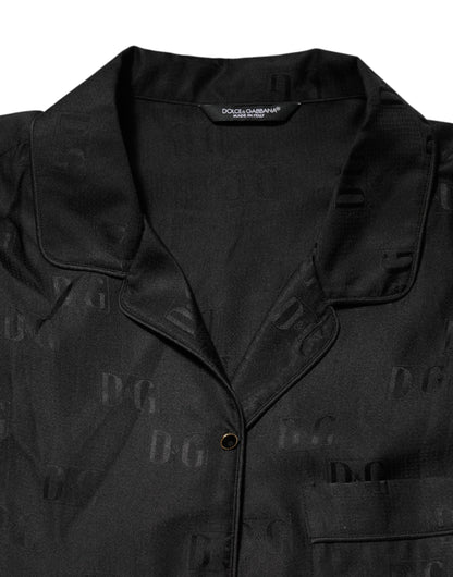 Dolce &amp; Gabbana – Schwarzes Seidenoberteil mit DG-Stickerei und langen Ärmeln