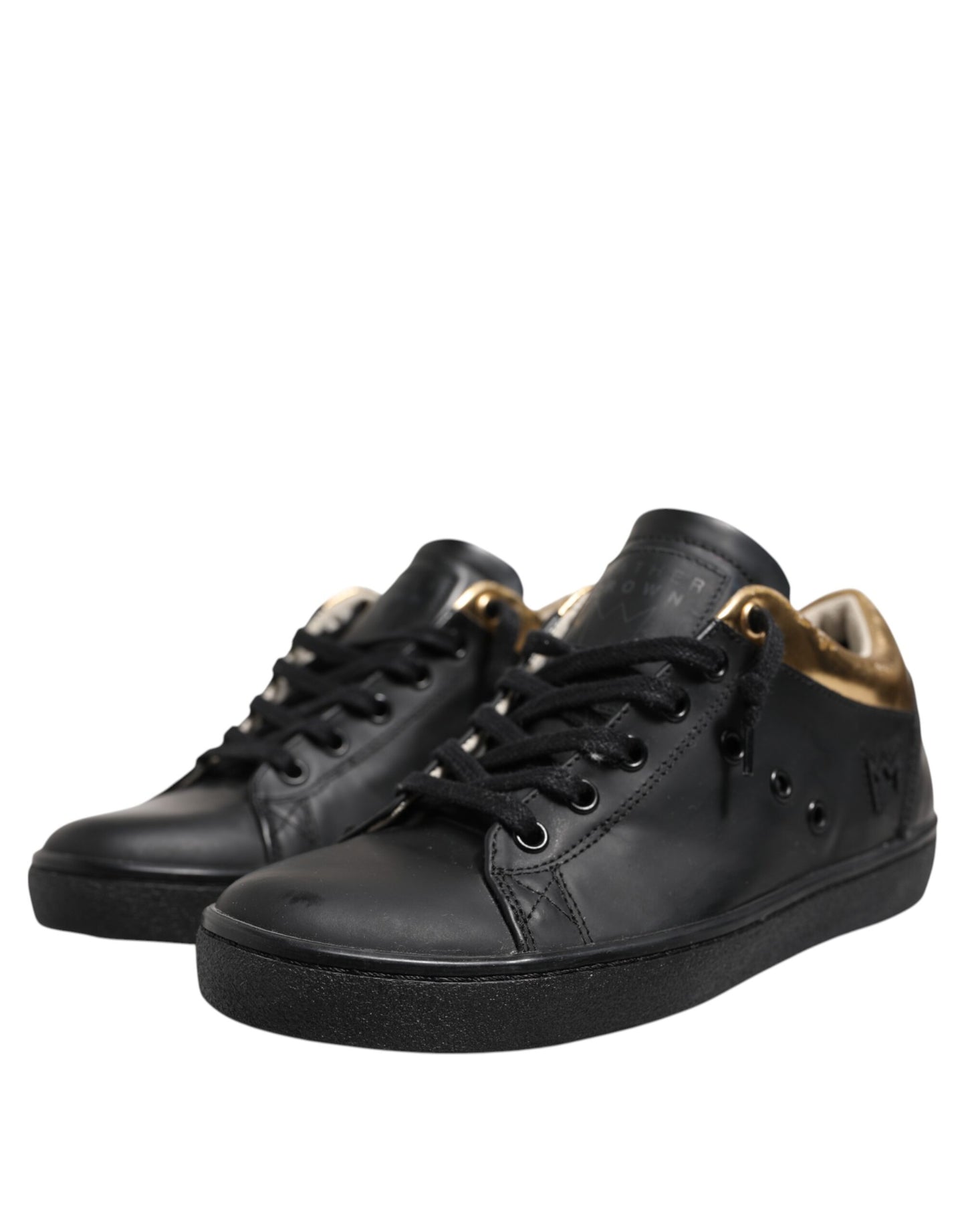 Leather Crown Black Gold Lace Up Low Top Women Sneakers Shoes