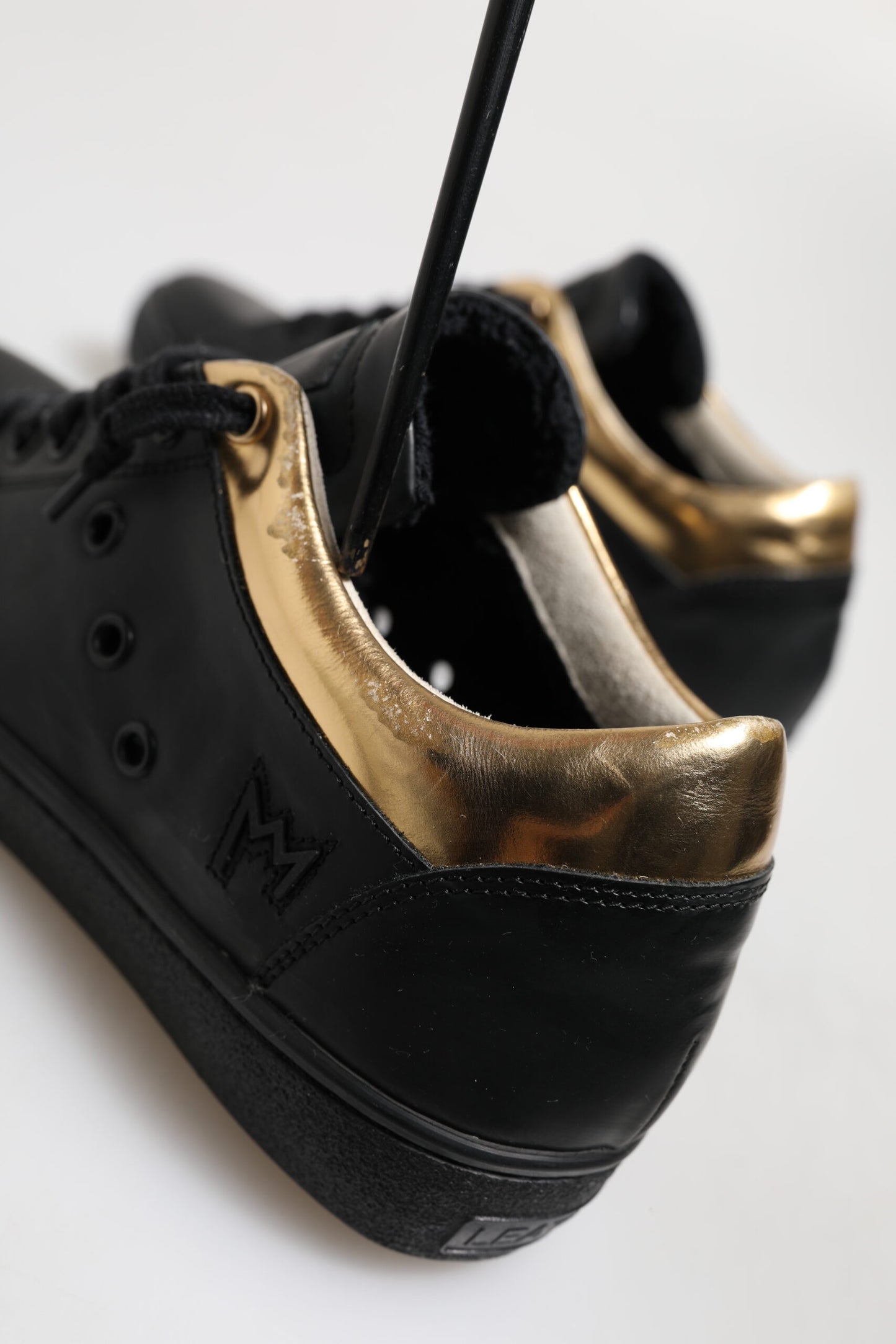 Leather Crown Black Gold Lace Up Low Top Women Sneakers Shoes