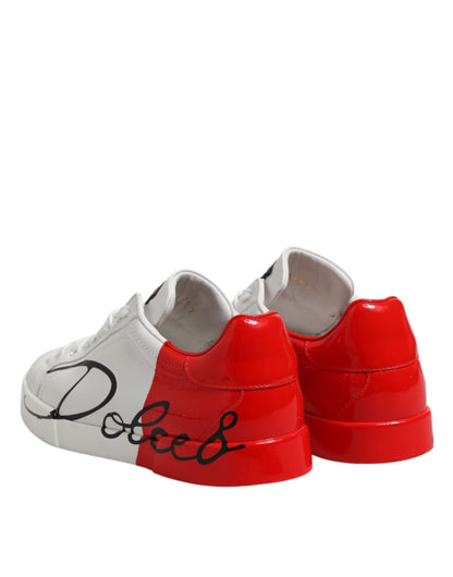 Dolce &amp; Gabbana Weiß Rot Logo Low Top Leder Sneakers Schuhe