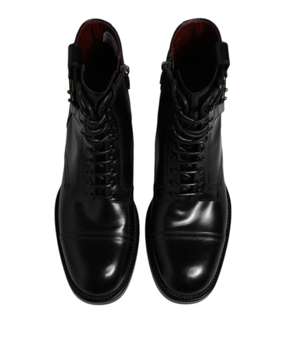 Dolce &amp; Gabbana – Schwarze Lederstiefel mit halbhoher Wade und Schnürschuhen