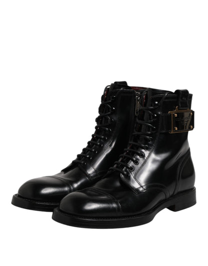 Dolce &amp; Gabbana – Schwarze Lederstiefel mit halbhoher Wade und Schnürschuhen