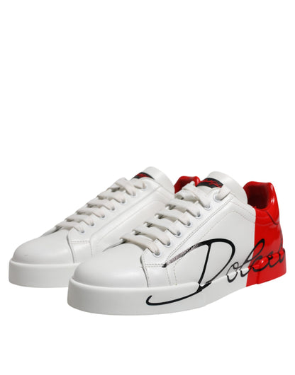 Dolce &amp; Gabbana Weiß Rot Logo Low Top Leder Sneakers Schuhe