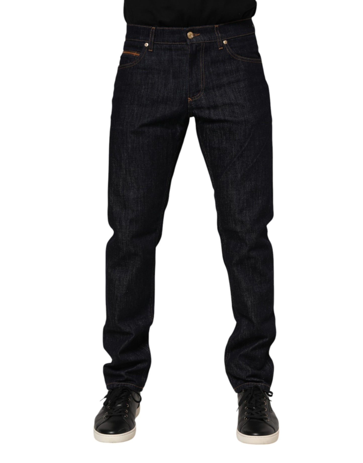 Dolce & Gabbana Dark Blue Cotton Logo Plaque Men Denim Jeans