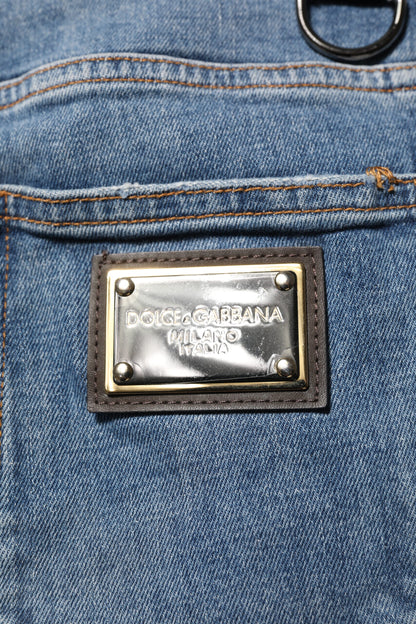 Dolce & Gabbana Blue Cotton Tattered Skinny Logo Denim Jeans