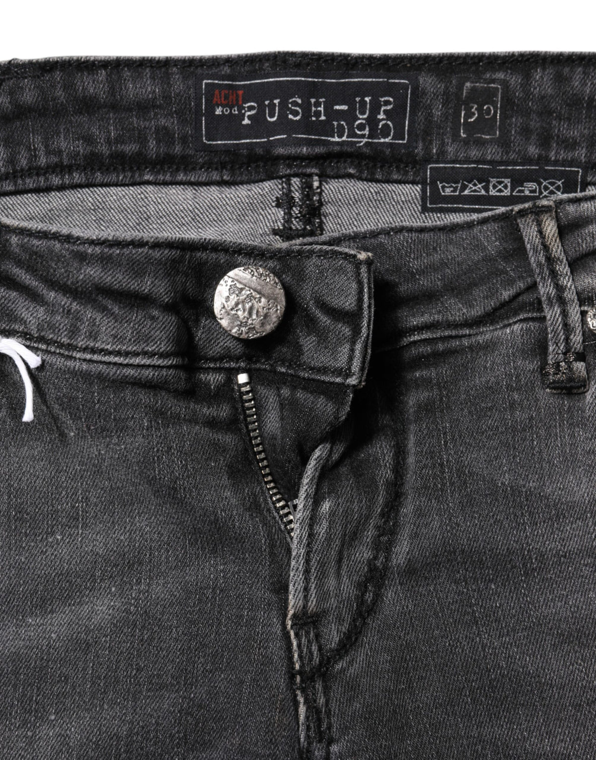 Acht Dunkelgraue Slim Fit Denim-Jeans aus Baumwolle mit niedriger Taille