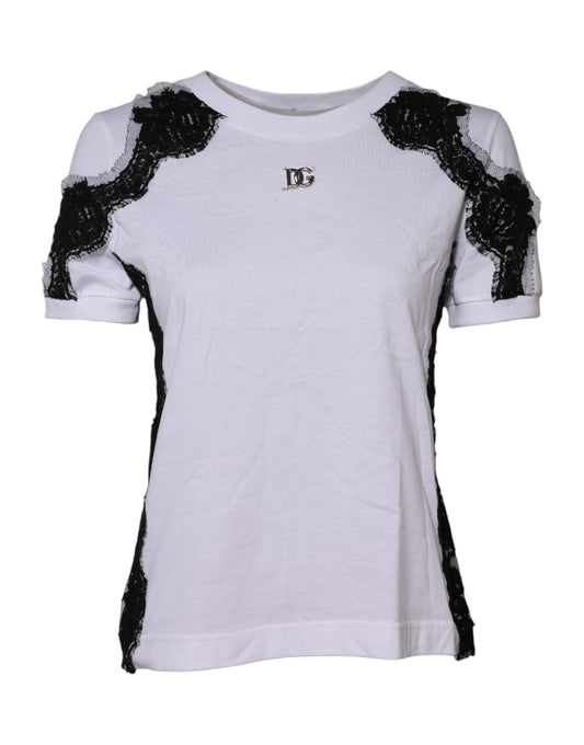 Dolce &amp; Gabbana – Weißes T-Shirt mit floraler Spitze und DG-Details