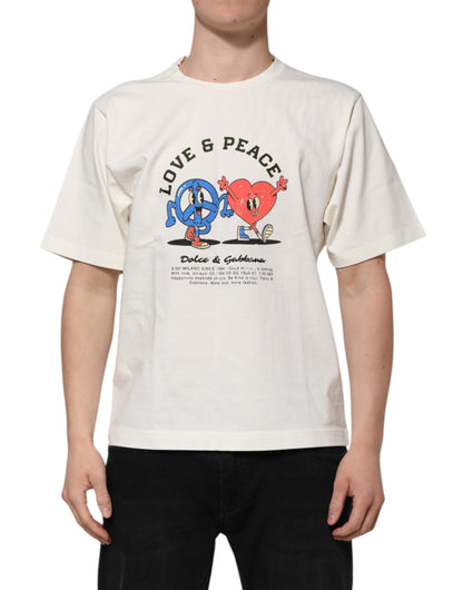Dolce &amp; Gabbana Weißes Love Peace Baumwoll-T-Shirt für Herren mit Rundhalsausschnitt