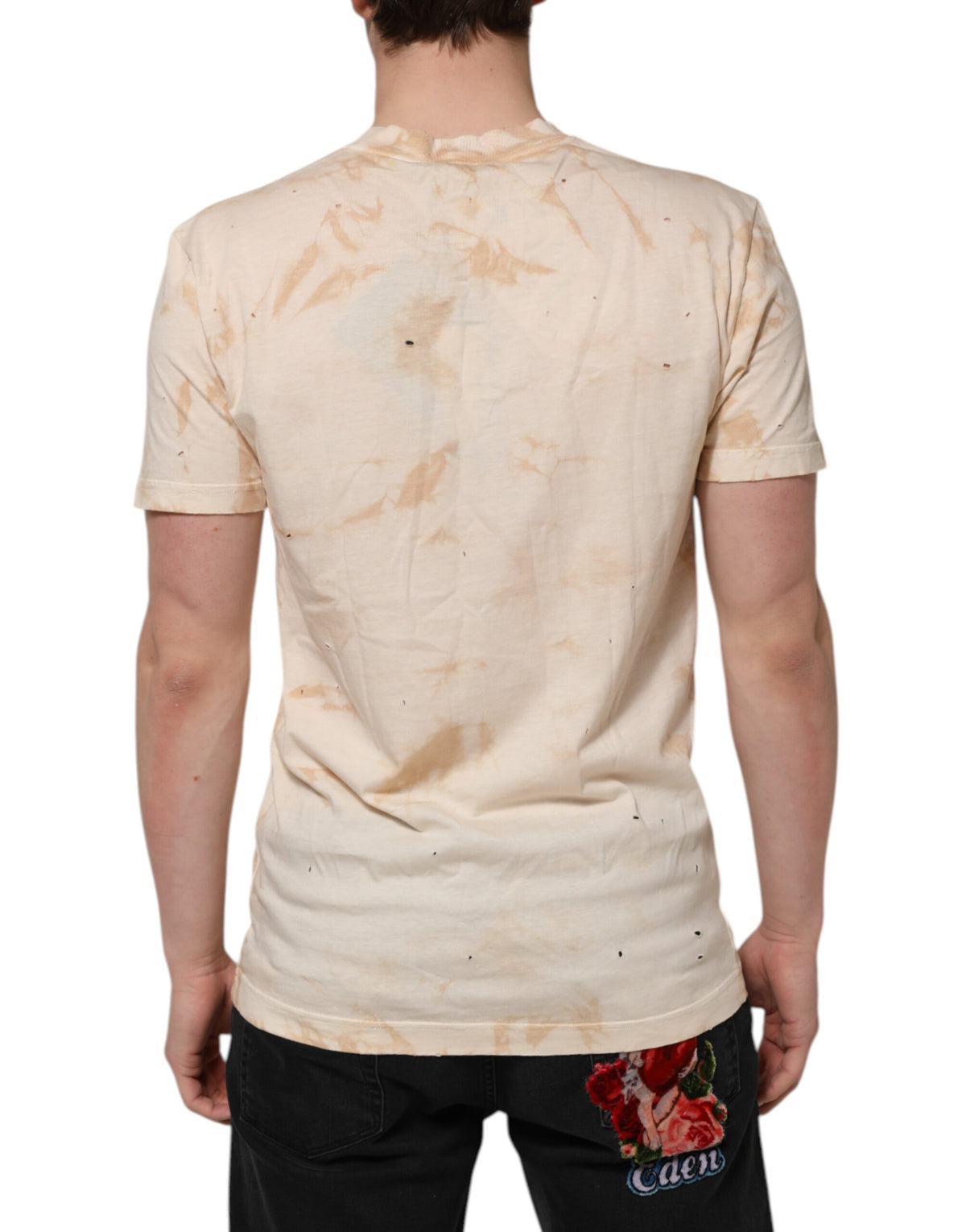 Dolce &amp; Gabbana – Beiges T-Shirt mit V-Ausschnitt und kurzem Logo-Print