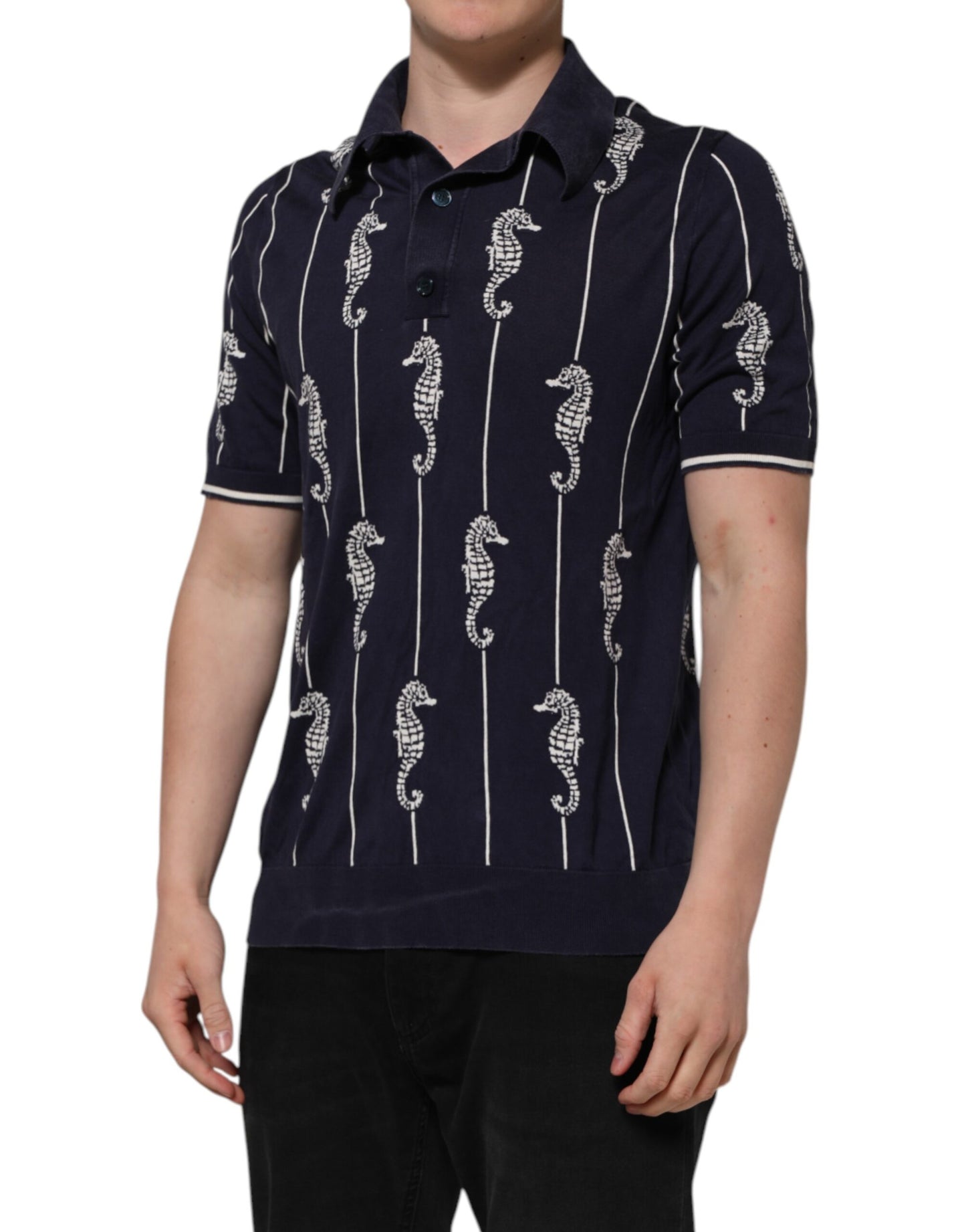 Dolce &amp; Gabbana – Dunkelblaues Poloshirt mit Seepferdchen-Kragen