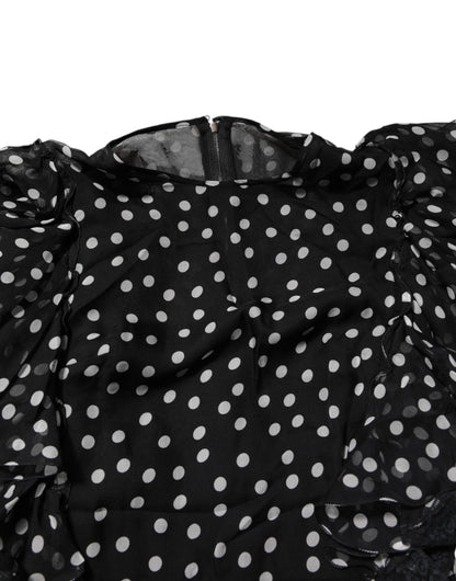 Dolce &amp; Gabbana – Chiffonkleid mit schwarzen und weißen Spitzen und Punkten