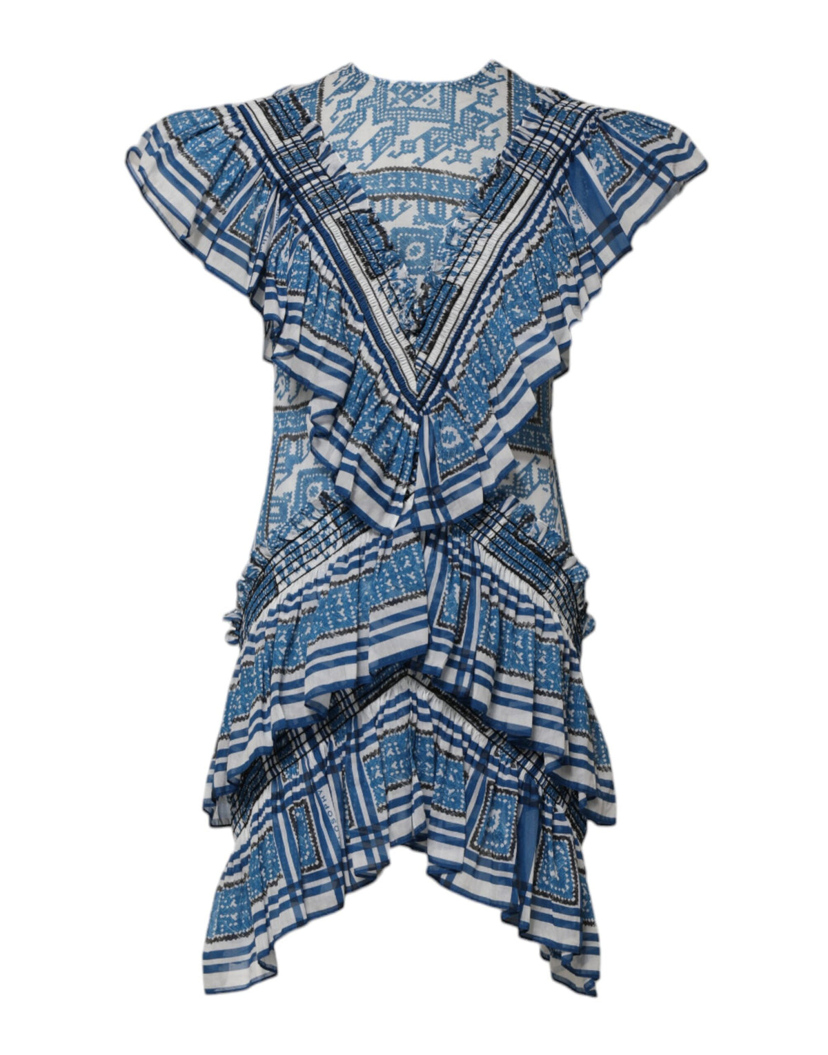 Philosophy di Lorenzo Serafini – Blau gemustertes, mehrlagiges Minikleid mit kurzen Ärmeln