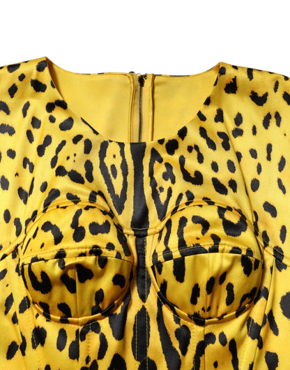 Dolce &amp; Gabbana – Gelbes Midi-Etuikleid aus Polyester mit Leopardenmuster