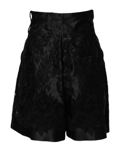 Dolce &amp; Gabbana Schwarze Shorts aus Seide mit hoher Taille und Blumenstickerei