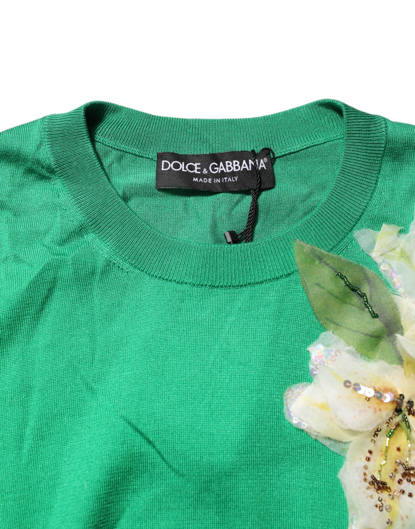 Dolce &amp; Gabbana – Grüner Seidenpullover mit Blumendetail