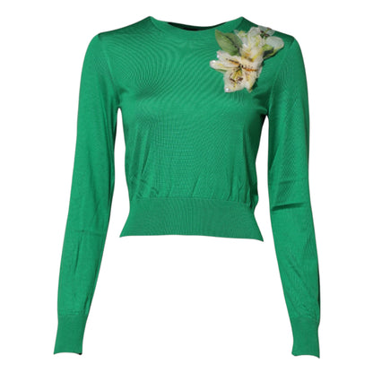 Dolce &amp; Gabbana – Grüner Seidenpullover mit Blumendetail