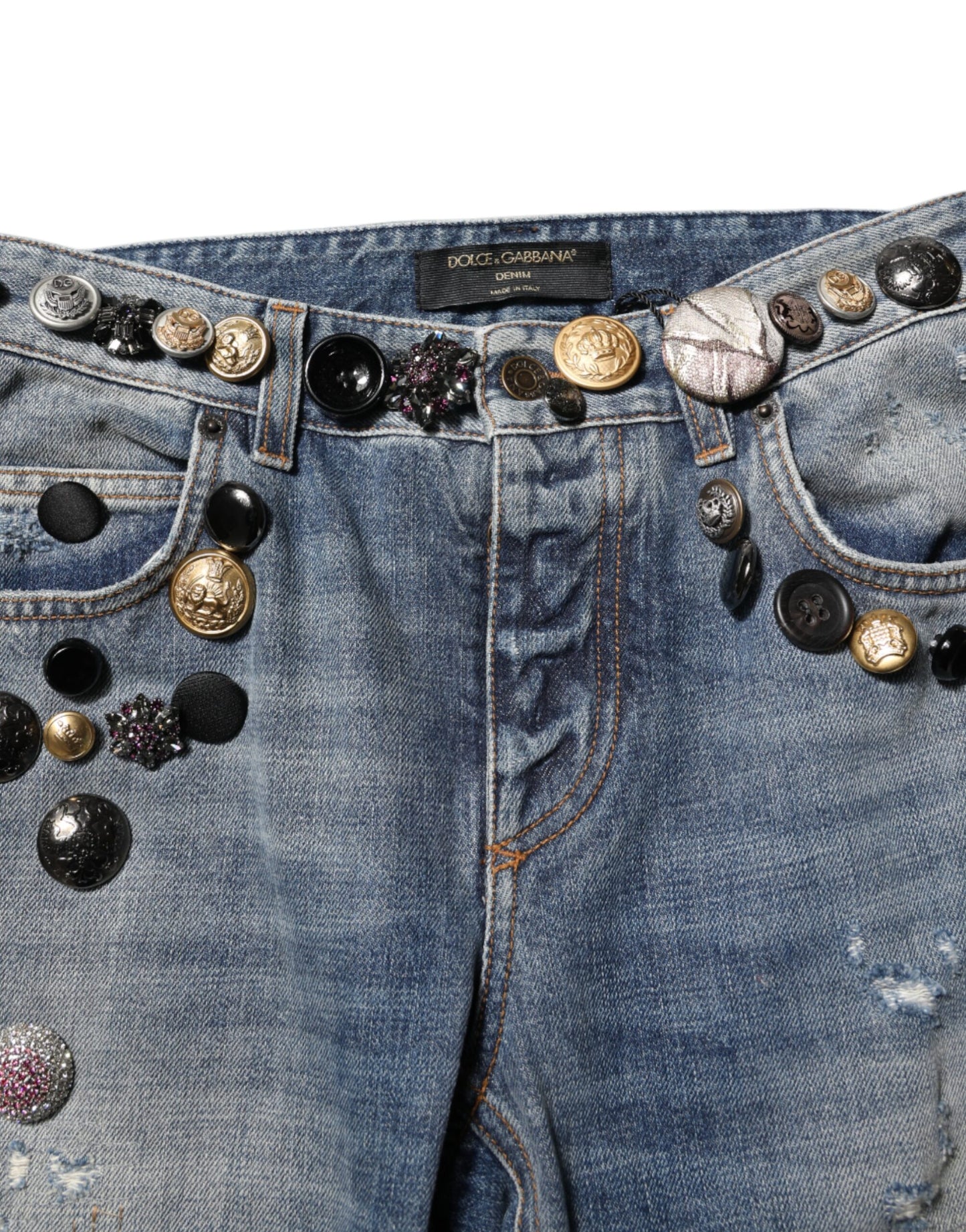 Dolce &amp; Gabbana – Blaue, zerfetzte Skinny-Denim-Jeans mit Verzierung 