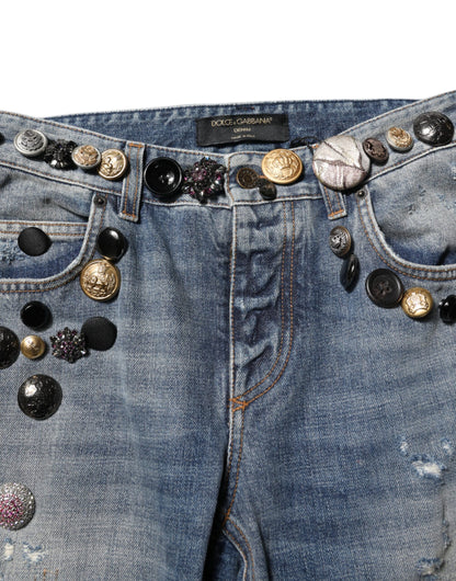 Dolce &amp; Gabbana – Blaue, zerfetzte Skinny-Denim-Jeans mit Verzierung 