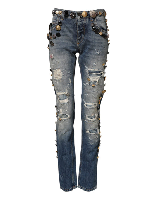 Dolce &amp; Gabbana – Blaue, zerfetzte Skinny-Denim-Jeans mit Verzierung 