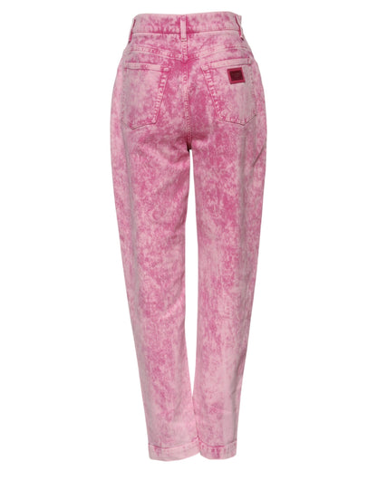 Dolce &amp; Gabbana – Hoch taillierte, schmal zulaufende Jeans aus Denim in Rosa mit Batikmuster 