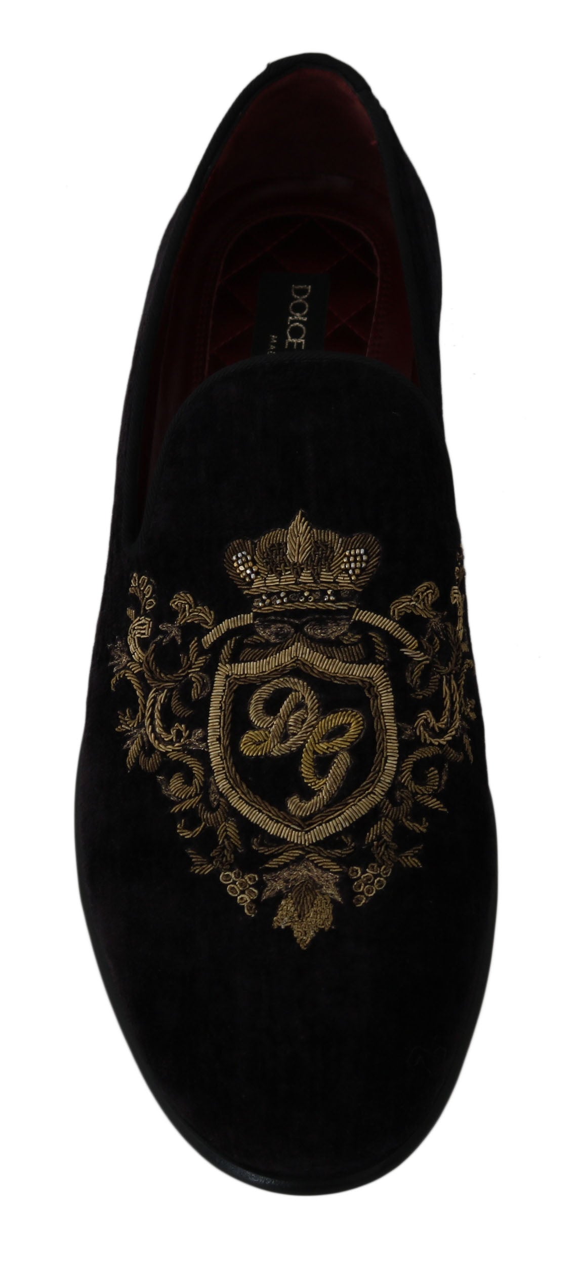 Dolce &amp; Gabbana Loafer aus schwarzem Samt mit goldener Krone