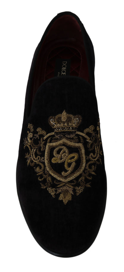 Dolce &amp; Gabbana Loafer aus schwarzem Samt mit goldener Krone