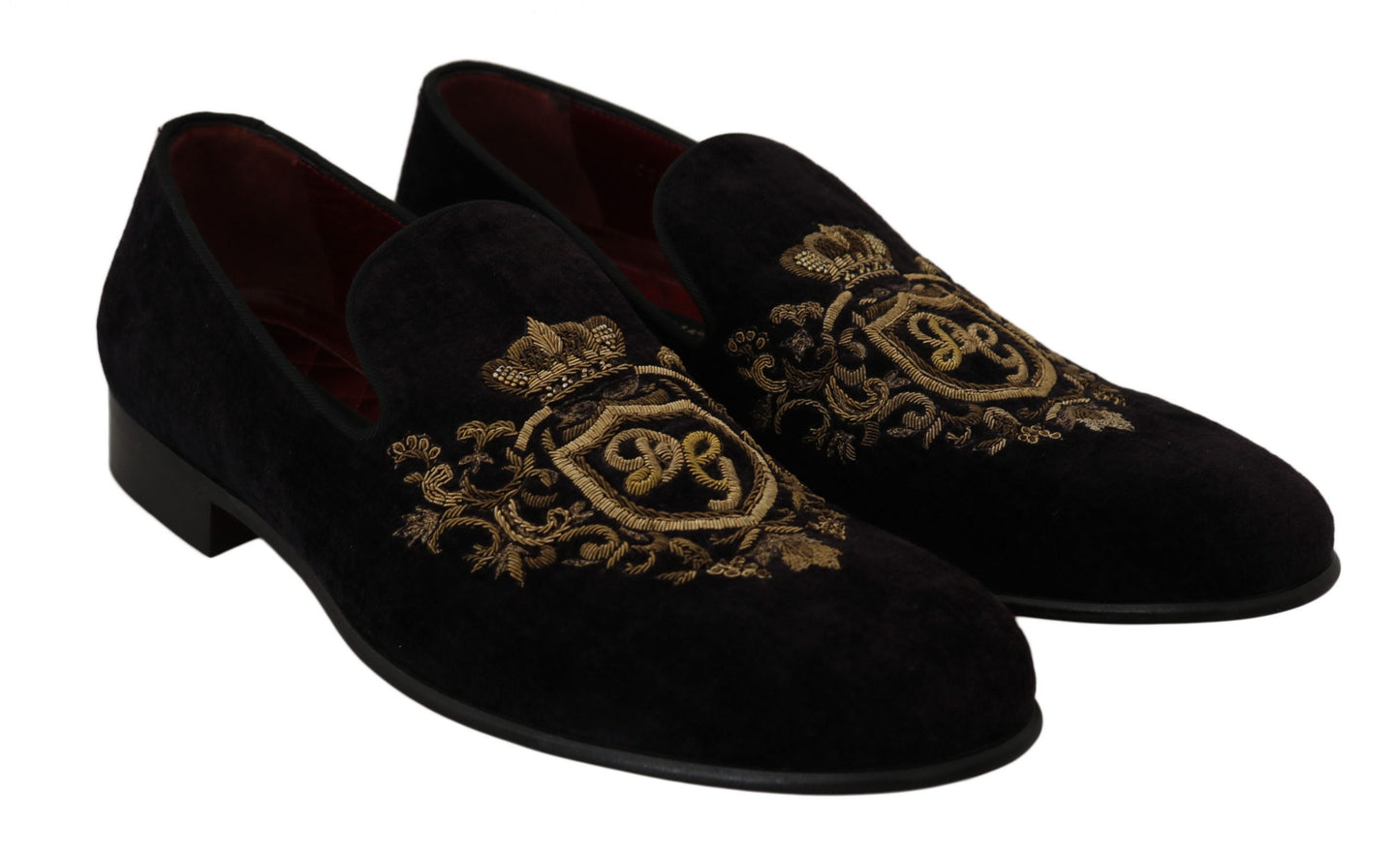 Dolce &amp; Gabbana Loafer aus schwarzem Samt mit goldener Krone
