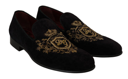 Dolce &amp; Gabbana Loafer aus schwarzem Samt mit goldener Krone