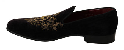 Dolce &amp; Gabbana Loafer aus schwarzem Samt mit goldener Krone
