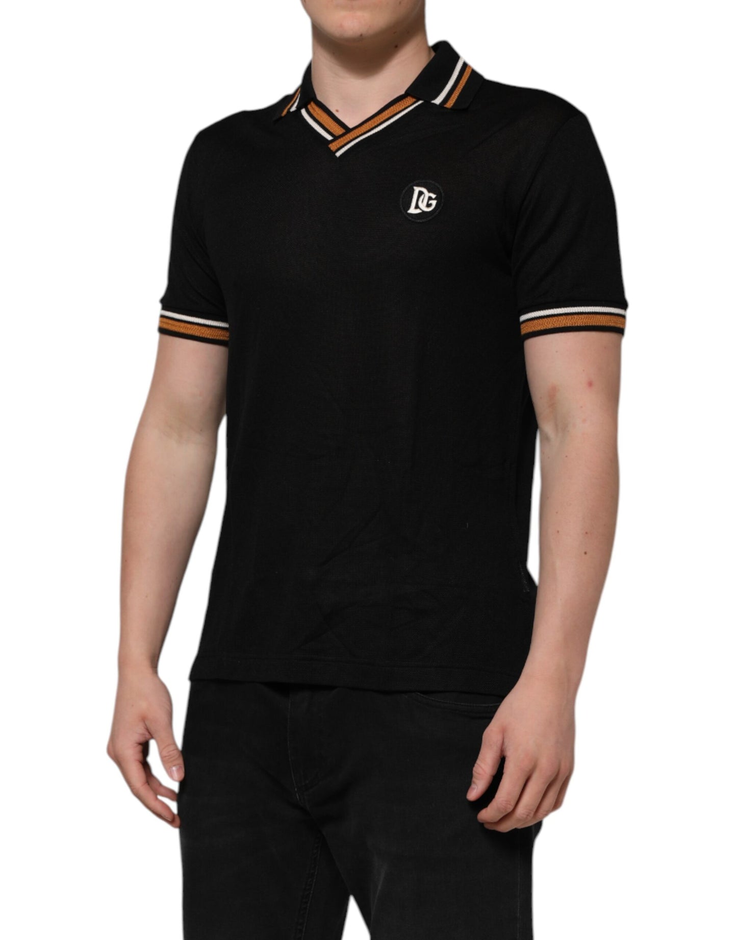 Dolce &amp; Gabbana Schwarzes DG-Poloshirt aus Seide mit V-Ausschnitt