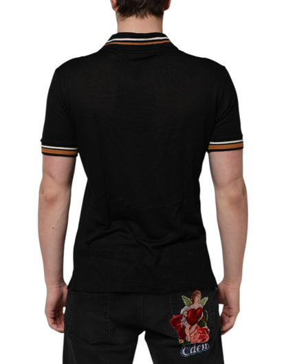 Dolce &amp; Gabbana Schwarzes DG-Poloshirt aus Seide mit V-Ausschnitt