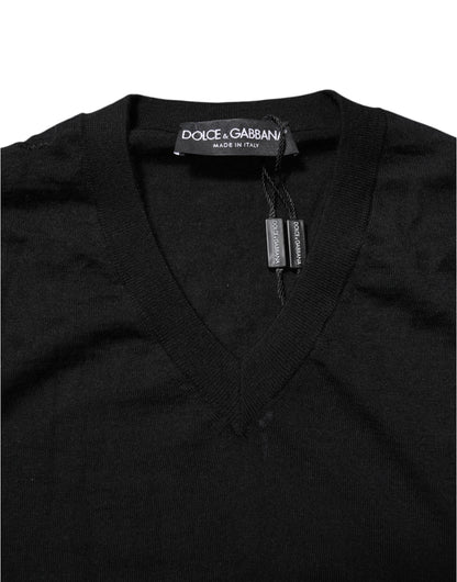Dolce &amp; Gabbana – Schwarzes, langärmliges T-Shirt aus Kaschmir mit V-Ausschnitt