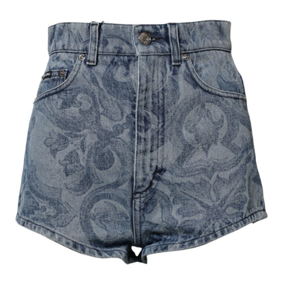Dolce &amp; Gabbana – Blaue Hotpants-Shorts aus Denim-Baumwolle mit Blumendruck