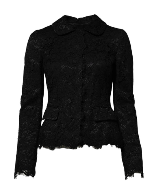 Dolce &amp; Gabbana – Schwarze Jacke aus Baumwolle mit Kragen und Blumenspitze