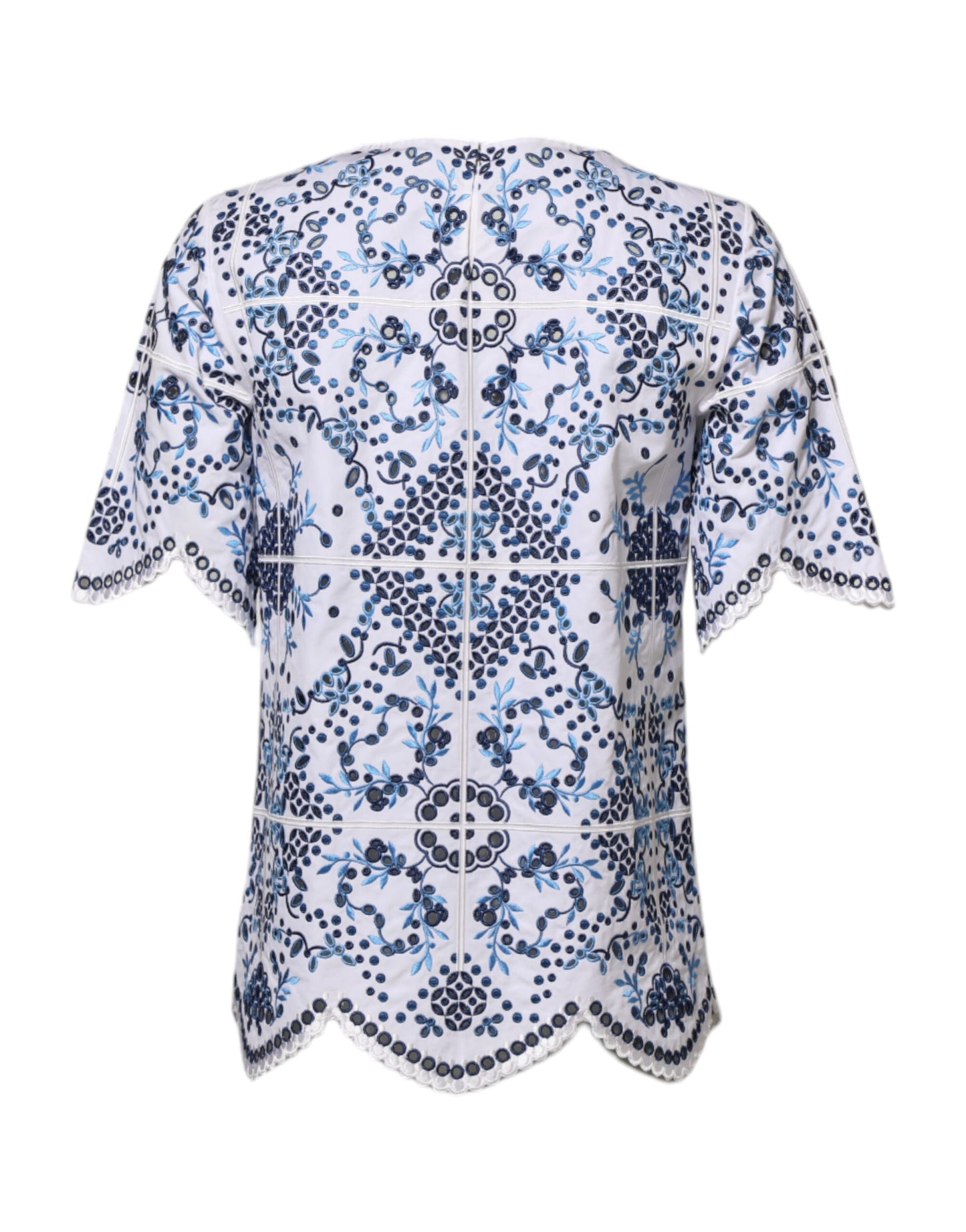 Dolce & Gabbana Blue Lace Eyelet Crew Neck Blouse Top