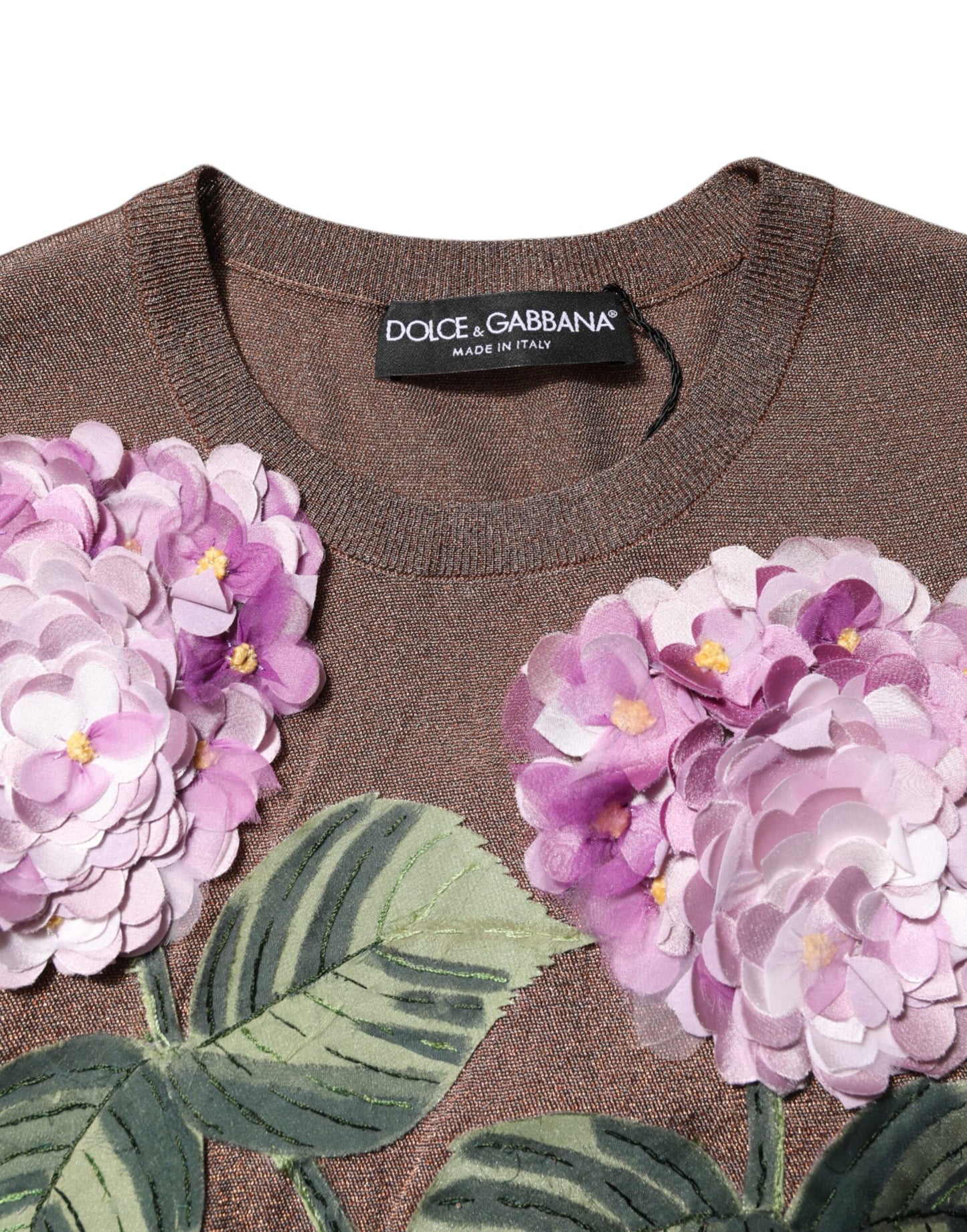 Dolce &amp; Gabbana – Blusentop mit Rundhalsausschnitt und Lilienverzierung in Braun