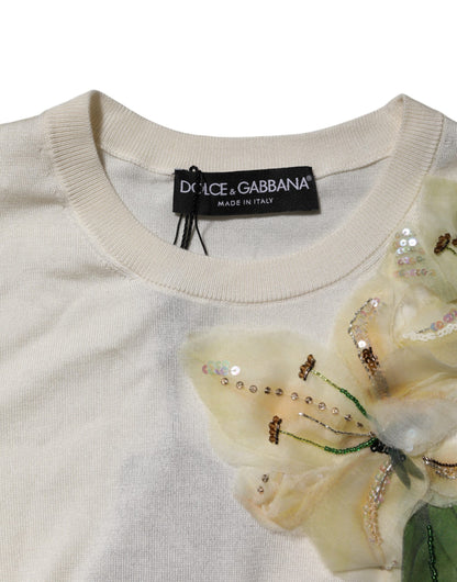 Dolce &amp; Gabbana – Pullover aus weißer Seide mit Lilienverzierung