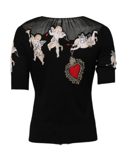 Dolce &amp; Gabbana – Schwarzes Oberteil mit Rundhalsausschnitt und Herz-Jesu-Stickerei