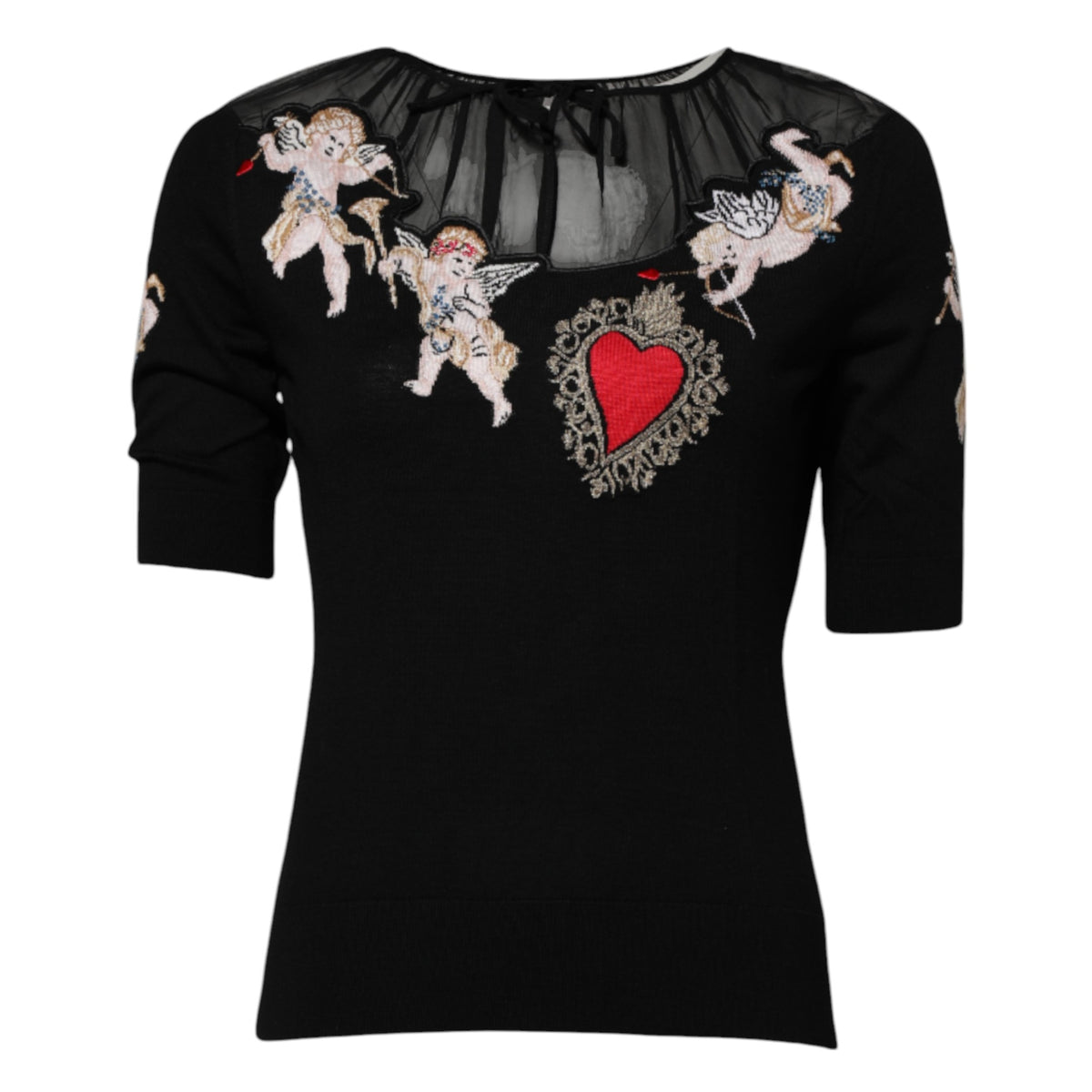 Dolce &amp; Gabbana – Schwarzes Oberteil mit Rundhalsausschnitt und Herz-Jesu-Stickerei