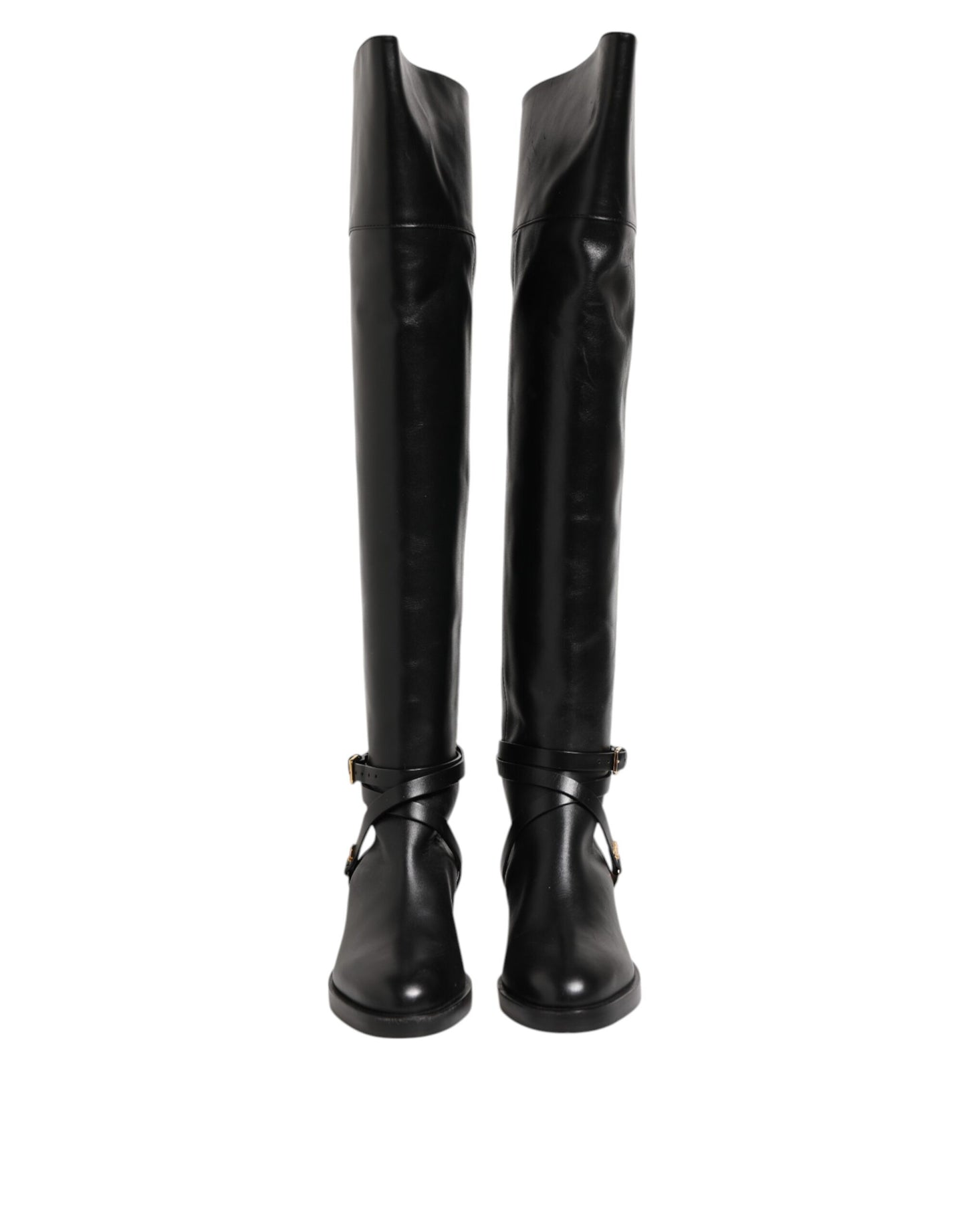 Elisabetta Franchi – Hohe Stiefel aus schwarzem Leder mit Schnalle