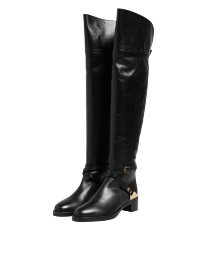 Elisabetta Franchi – Hohe Stiefel aus schwarzem Leder mit Schnalle