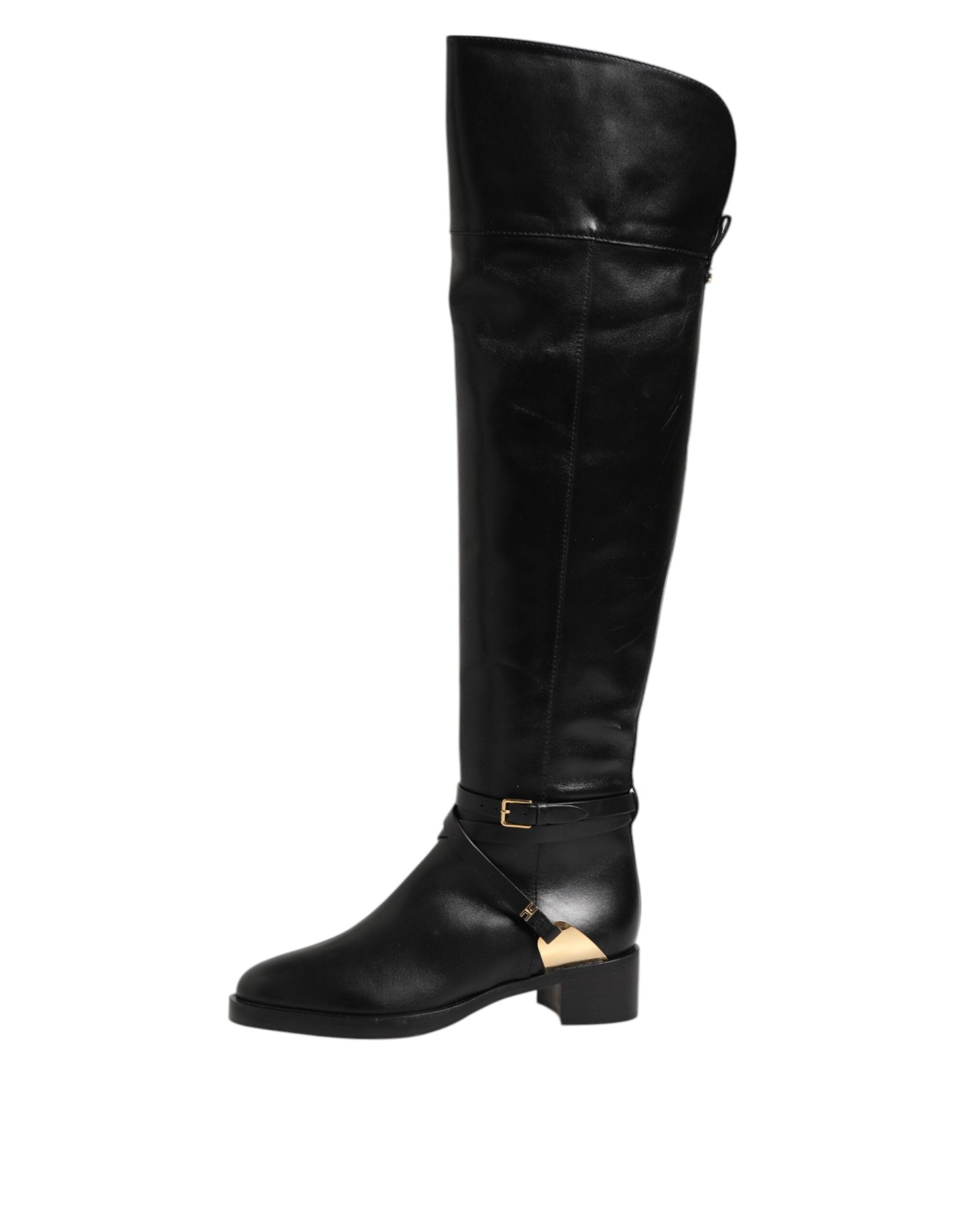 Elisabetta Franchi – Hohe Stiefel aus schwarzem Leder mit Schnalle
