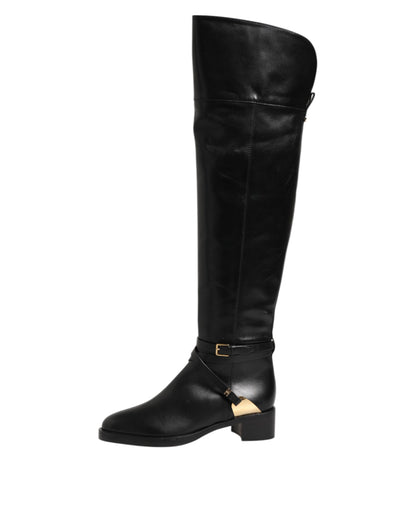 Elisabetta Franchi – Hohe Stiefel aus schwarzem Leder mit Schnalle