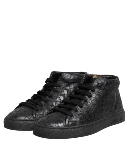HIDE & JACK Black Leather Lace Up Mid Top Sneakers Shoes